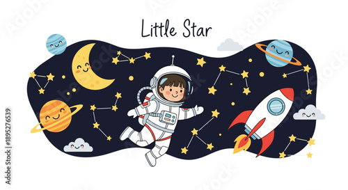 Space exploration scene featuring a cute child astronaut floating in the dark night sky surrounded by planets, a rocket, and stars.