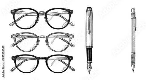 Detailed hand drawn sketches of three pairs of eyeglasses, a classic silver fountain pen, and a mechanical pencil on white paper.