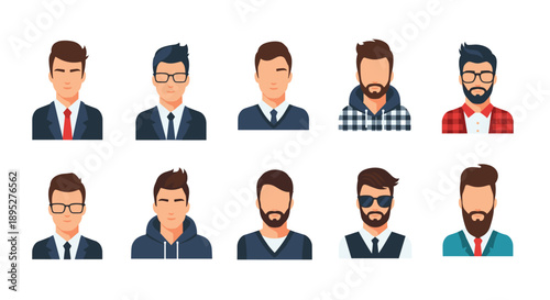 Group of ten stylish male avatars showing various facial hair styles, glasses, and professional outfits in a clean vector design.
