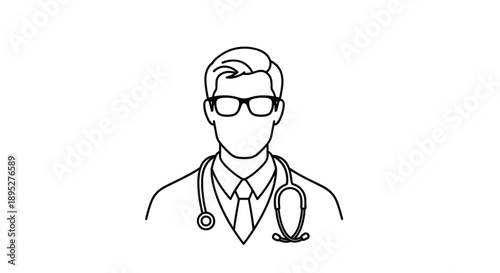 Simple black and white line art portrait of a male doctor wearing glasses and a stethoscope around his neck for medical themes.