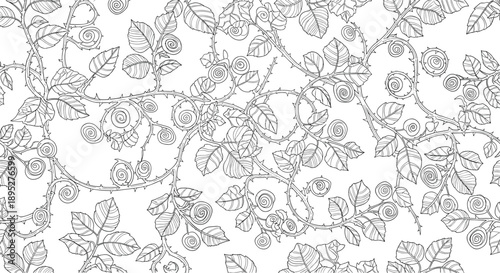 Intricate seamless pattern featuring hand drawn thorny rose branches with leaves and spiral buds in a black and white sketch style.