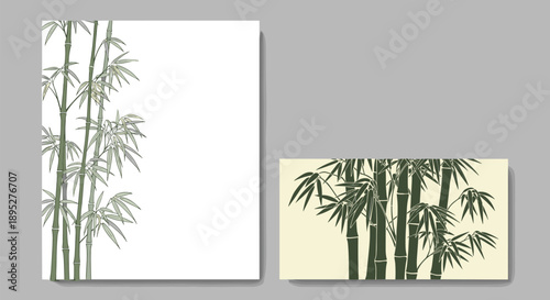 Set of two minimalist oriental designs featuring elegant green bamboo stalks and leaves on white and cream colored backgrounds.