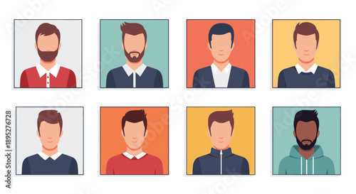 Collection of eight diverse male avatar icons featuring various hairstyles, facial hair, and skin tones in a flat design style for profiles.