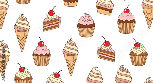 Delicious seamless pattern for dessert lovers featuring various ice cream cones, cupcakes, and cake slices with cherries on a white background.