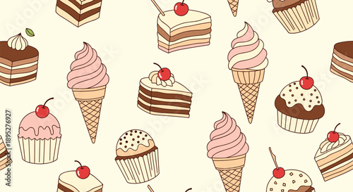 Delectable seamless pattern featuring an assortment of colorful cupcakes, ice cream cones, and cake slices with cherries for dessert lovers.