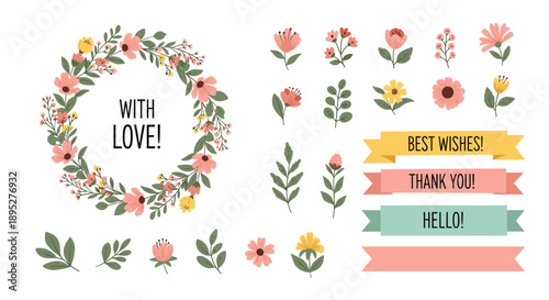 Elegant floral collection with a circular wreath, individual blossoms, leaves, and decorative ribbons containing warm greetings and wishes.