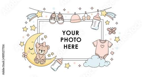 Adorable baby shower photo frame decorated with a teddy bear sitting on a moon, stars, baby clothes, and feeding bottles.