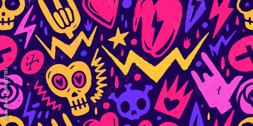 Colorful doodle pattern featuring skulls lightning and playful hand gestures