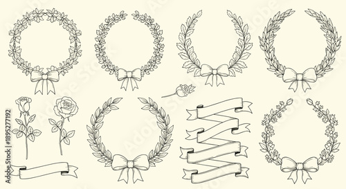 Comprehensive set of classical laurel wreaths, floral frames, individual roses, and fluttering ribbons for formal certificate or invitation design.
