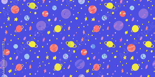 Colorful planets stars and celestial bodies scattered across a blue background