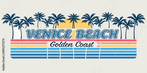 Venice beach golden coast retro style graphic with palm trees