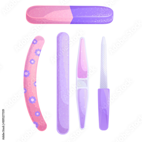 A collection of colorful nail files. Icon on a white background. The concept of beauty and nail design. Isolated vector illustration for print design, banner, postcard, brochure, flyer