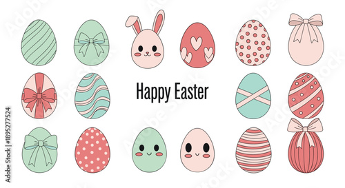 Charming collection of decorated Easter eggs featuring cute animal faces, patterns, and ribbons for a festive holiday celebration.