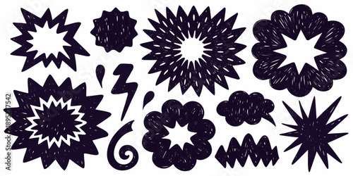 Hand drawn floral and starburst shapes in dark blue on white background