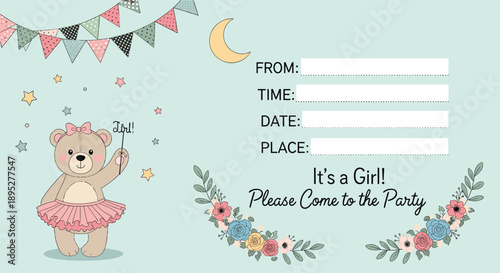 Sweet baby girl party invitation featuring a cute teddy bear in a tutu holding a wand with floral and moon decorations.