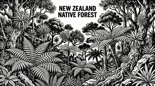 New Zealand forests featuring native ferns and unique woodland plant ecosystems black and white vector illustration