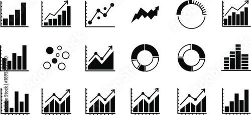 Business analytics chart icon set, data visualization graphs, growth statistics symbols, financial dashboard elements isolated on white