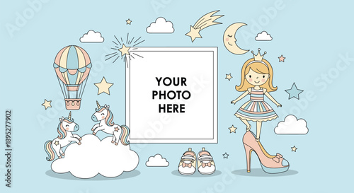 Beautiful princess themed photo frame with unicorns, hot air balloons, clouds, and a large high heel shoe on a blue background.