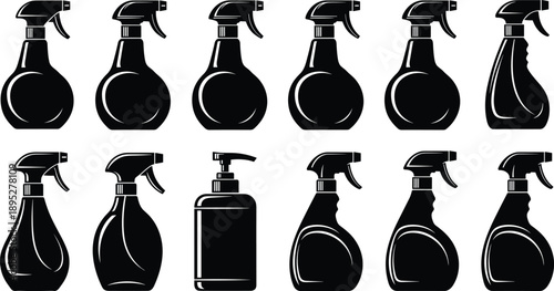 Collection of black spray bottle silhouettes and pump dispenser icons for cleaning products, chemical liquid, soap and cosmetic packaging design