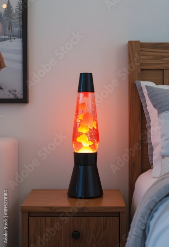 lava lamp on bedside table