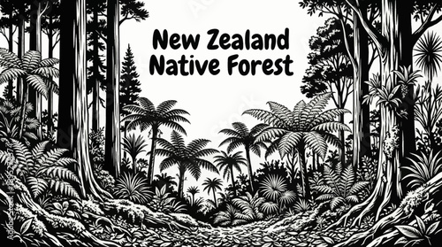 New Zealand forests featuring native ferns and unique woodland plant ecosystems black and white vector illustration