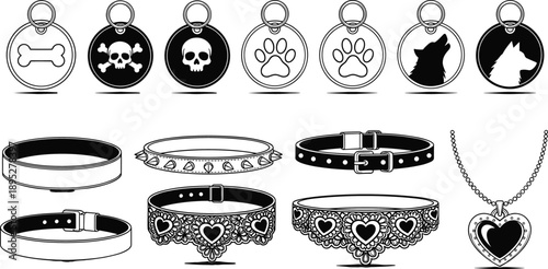 Collection of pet collars and identity tags featuring bone, skull, paw print, wolf silhouettes, spiked leather, lace hearts and jewelry charms