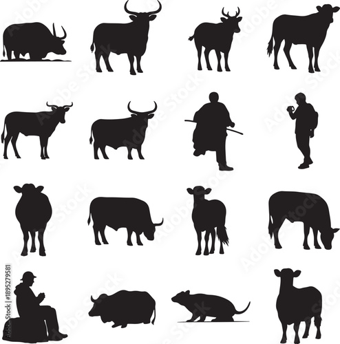Minimalist Black Silhouette Cattle and Farming Activities Vector Illustration Set