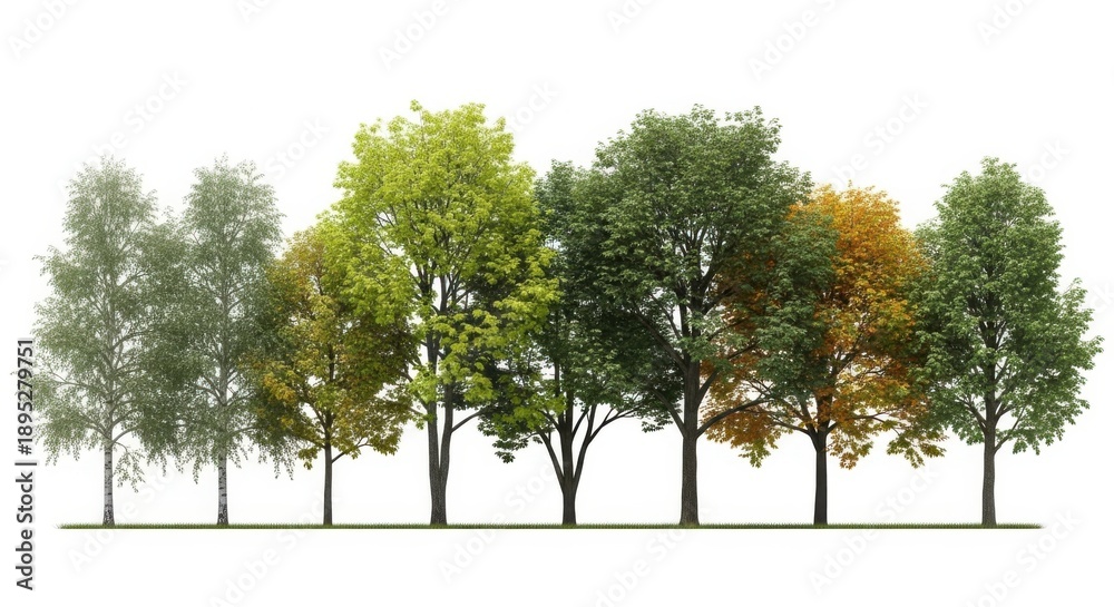 Obraz premium Seven trees with different colored leaves isolated on white background in seasonal change