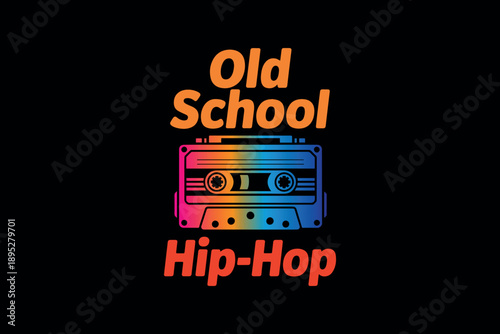 Retro cassette tape with vibrant rainbow gradient and bold typography evokes nostalgia for old school hip hop music culture