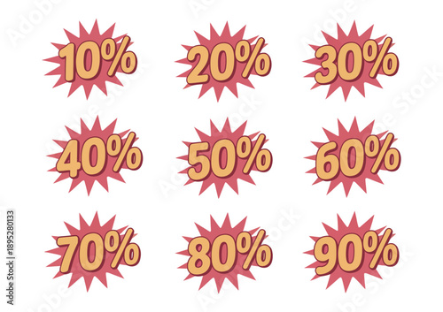Sale and discount label collection with price off tag icons showing ten to ninety percent, flat design vector set for retail promotions marketing banners and shopping graphics