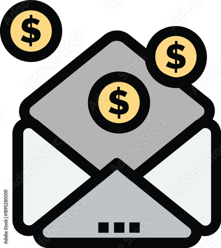 A flat vector illustration of an open email envelope with dollar symbols floating above it, representing online income