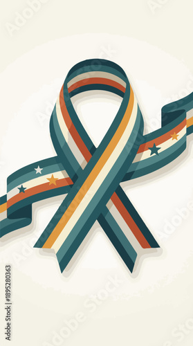 Striped graphic ribbon loop with stars in retro patriotic colors, illustration