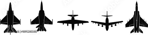 Military aircraft silhouette illustration set featuring fighter jets, bombers, reconnaissance planes, transport aircraft, 