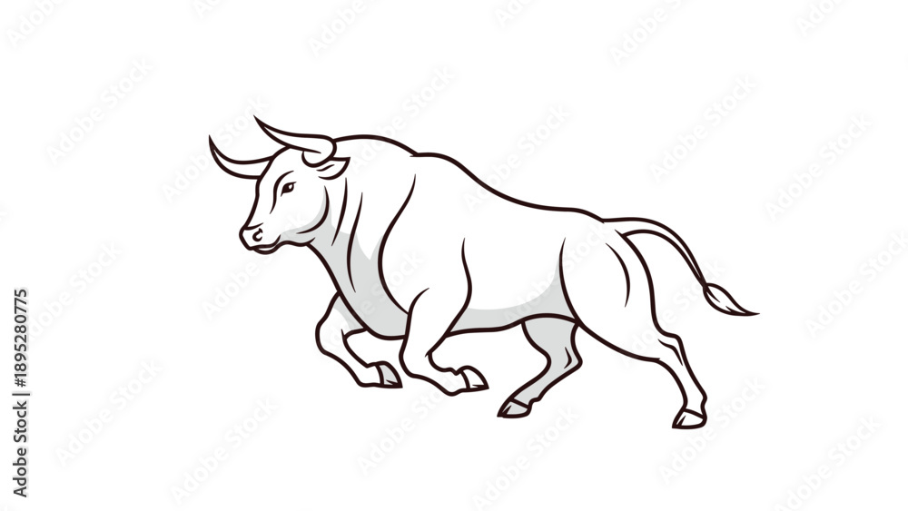 Fototapeta premium Powerful white bull with sharp horns charging forward with great strength and determination on a white background.