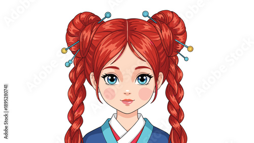 Beautiful young girl with bright red hair styled in intricate braids and buns decorated with various colorful hair pins.