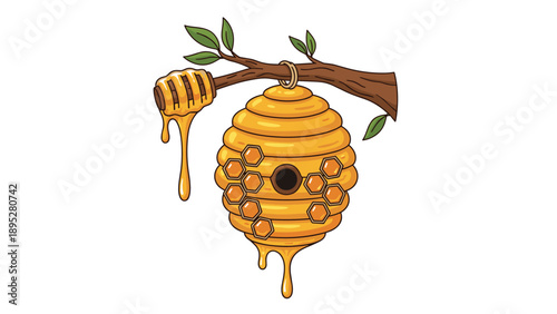 Golden beehive dripping with fresh honey and hanging from a leafy green tree branch with a wooden honey dipper nearby.