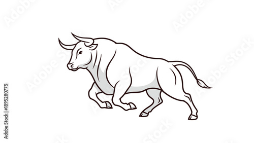 Powerful white bull with sharp horns charging forward with great strength and determination on a white background.
