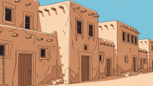 Winding street lined with traditional tan adobe buildings designed in a beautiful southwestern pueblo architectural style.