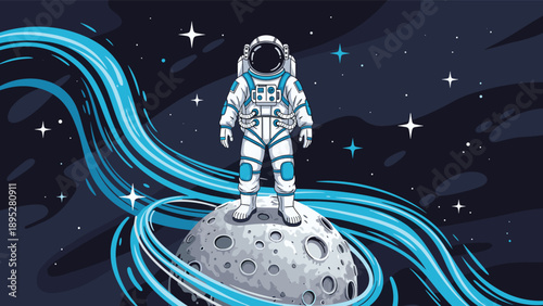 Brave astronaut in a high-tech spacesuit standing on the surface of a small moon surrounded by cosmic energy.