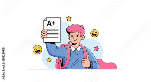 Happy student holding exam paper with a plus grade vector