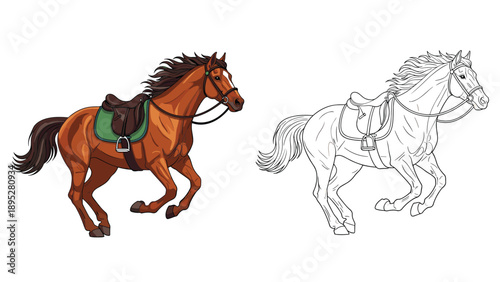 Energetic brown horse with a dark mane and green saddle running with speed and grace in both color and outline.