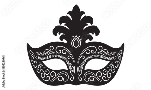 Ornate black Venetian masquerade mask with decorative swirls and feather.
