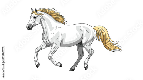 Majestic white horse with a flowing blonde mane and tail gallops freely against a clean white background in this dynamic scene.