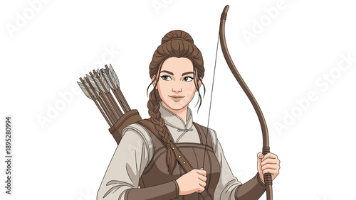 Young female archer with a braided hairstyle holds a wooden bow and carries a full quiver of arrows on her shoulder in the forest.