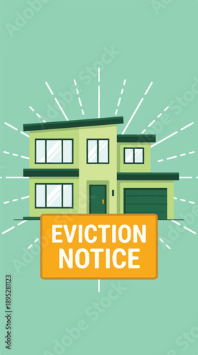 Illustration of a modern house with an eviction notice sign, symbolizing housing crisis