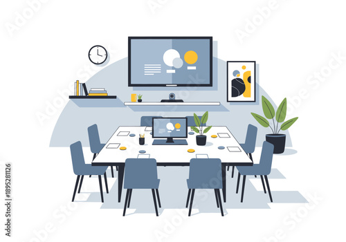 Modern meeting room setup with a large screen table and chairs