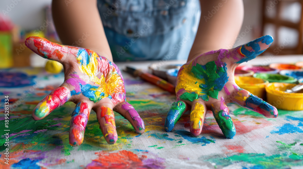 Obraz premium child painting with colorful hands and messy creativity