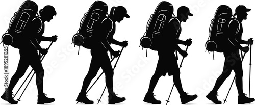 Backpacker hiking silhouettes showing travelers with trekking poles, outdoor adventure walking concept isolated on white background travel collection