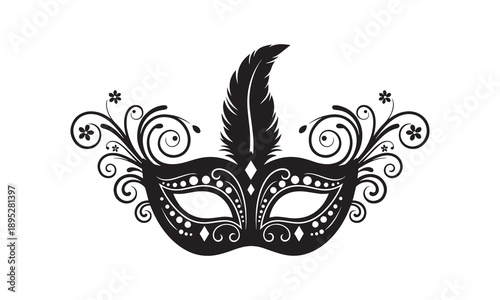 Elaborate black masquerade mask with feather and decorative swirls.