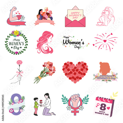 Women empowerment icon set. Vector female strength symbols gender sign and calendar for March 8 holiday design